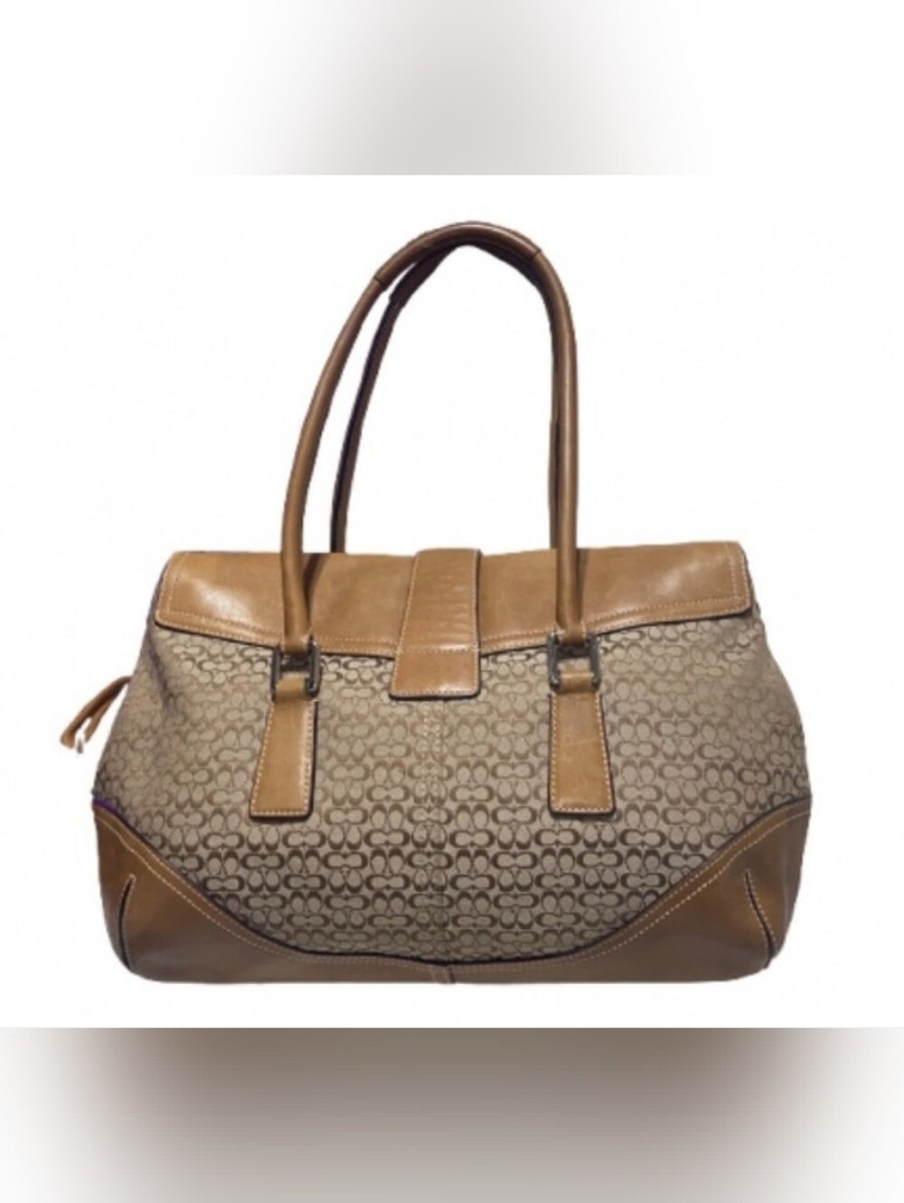 Coach K35-6388 Signature Buckle Tote Shoulder Bag Brown Tan Canvas Leather - Picture 2 of 8